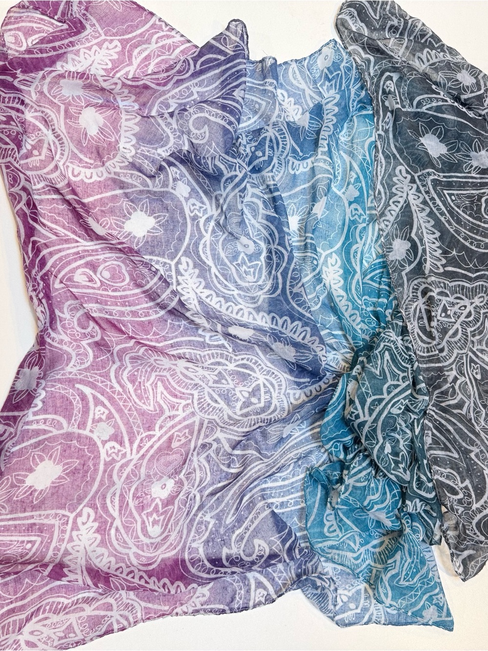 Lightweight Paisley Print Sheer Scarf in Purple, Teal & Black